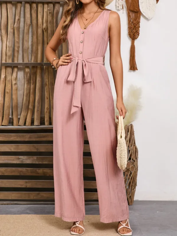 V-Neck Tie Waist Jumpsuit sold by Charming Charlie