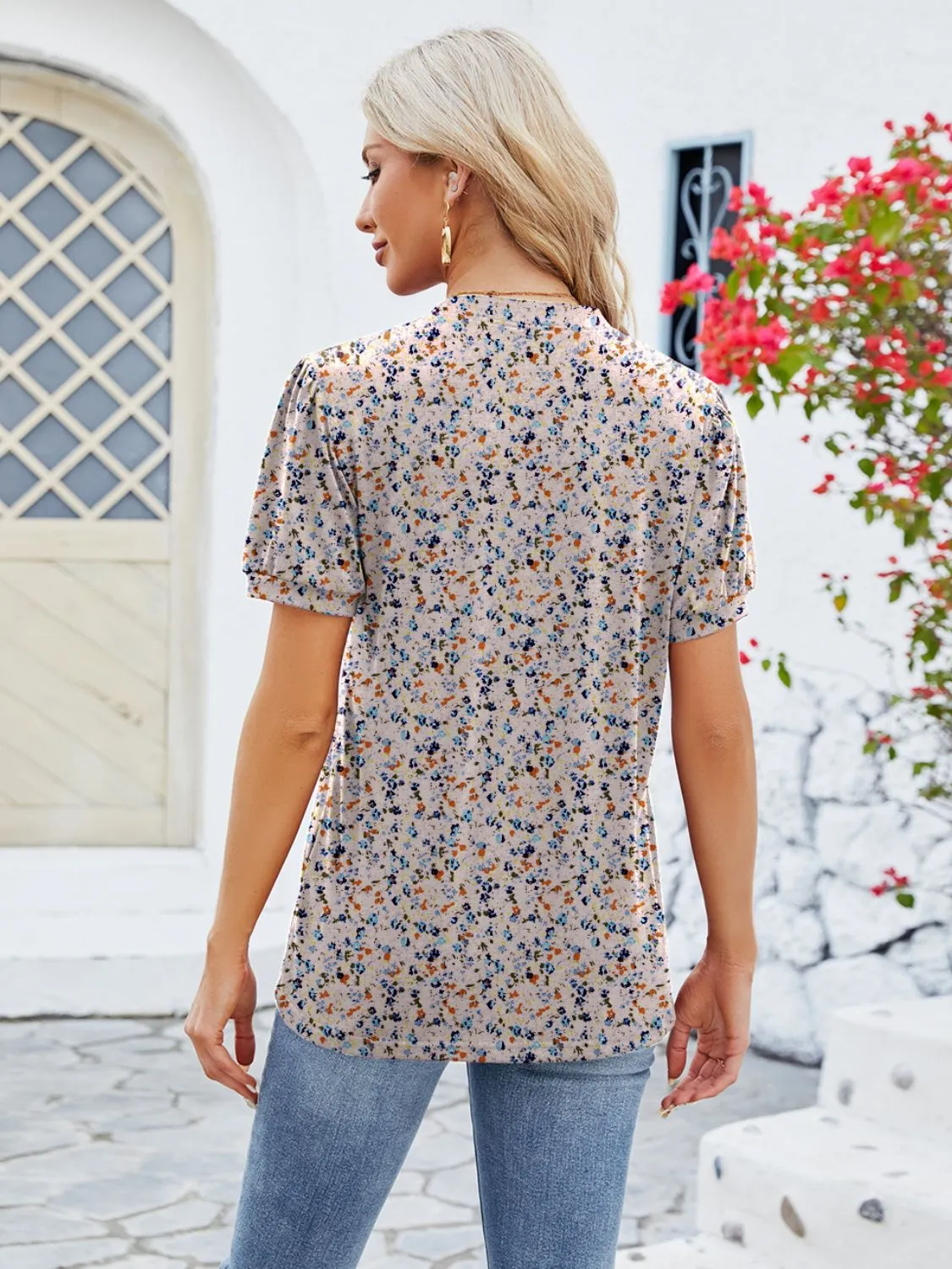 Ruched Printed Notched Short Sleeve Blouse sold by Charming Charlie product image thumbnail 2