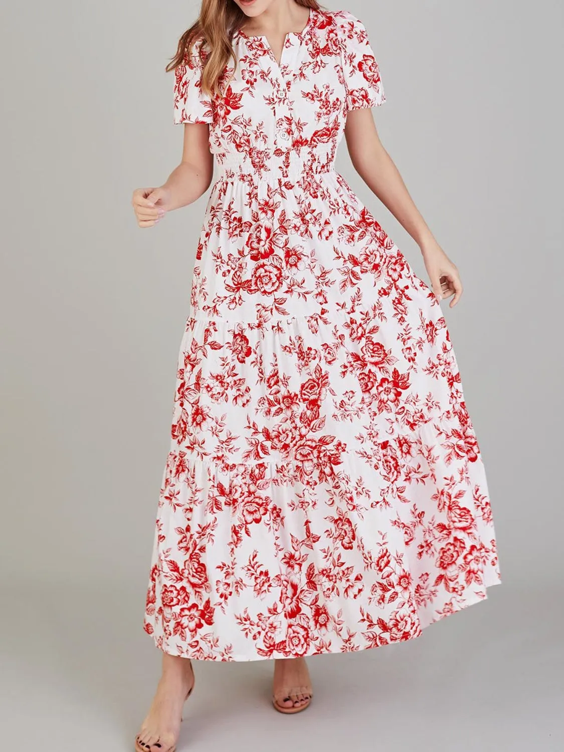Tiered Floral Notched Short Sleeve Dress sold by Charming Charlie product image thumbnail 4