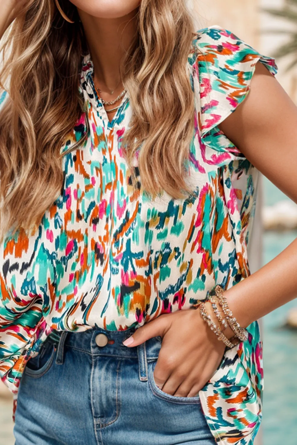 Ruffled Printed Notched Cap Sleeve Blouse sold by Charming Charlie product image thumbnail 3