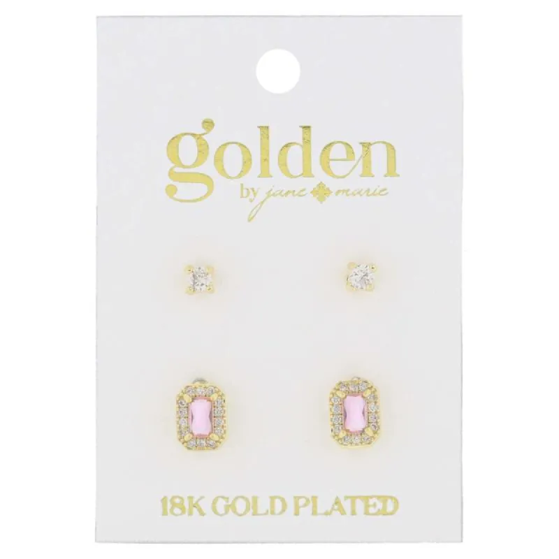 18K Gold Plated 2 Stud Set, Crystal, Rose Baguette Earrings, .15", .35" Top to Bottom sold by Charming Charlie