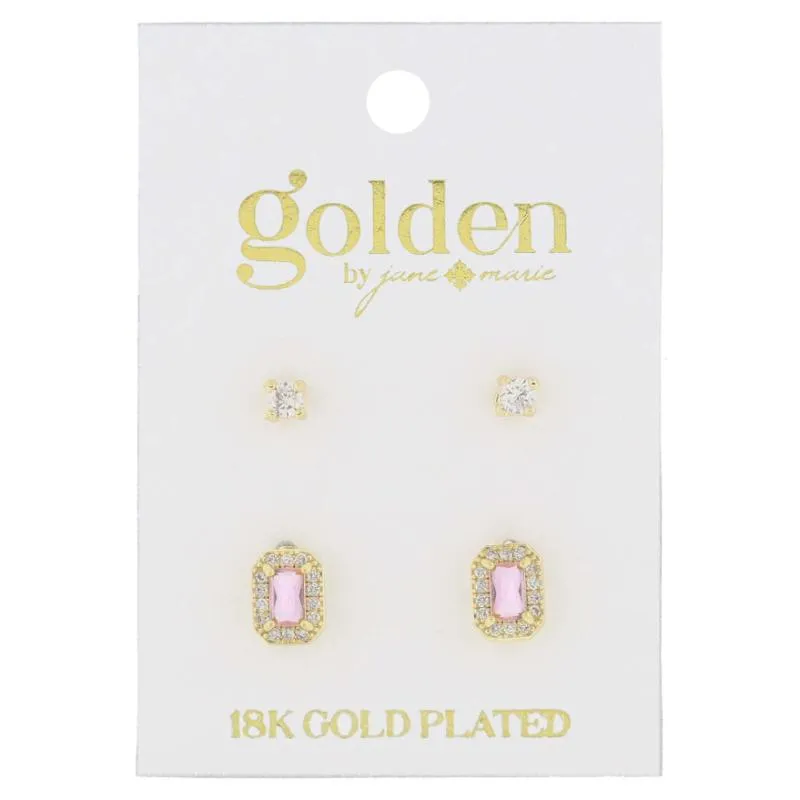 18K Gold Plated 2 Stud Set, Crystal, Rose Baguette Earrings, .15", .35" Top to Bottom sold by Charming Charlie