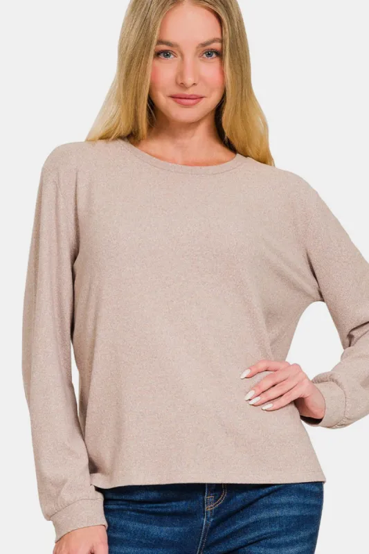 Zenana Hacci Round Neck Long Sleeve T-Shirt sold by Charming Charlie