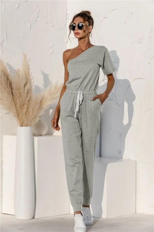 Single Shoulder Short Sleeve Jumpsuit sold by Charming Charlie