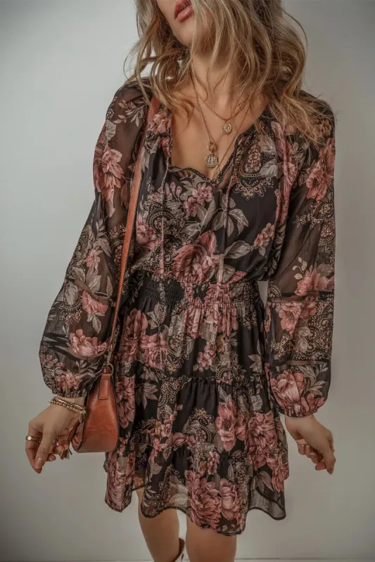 Printed Tie Neck Long Sleeve Mini Dress sold by Charming Charlie