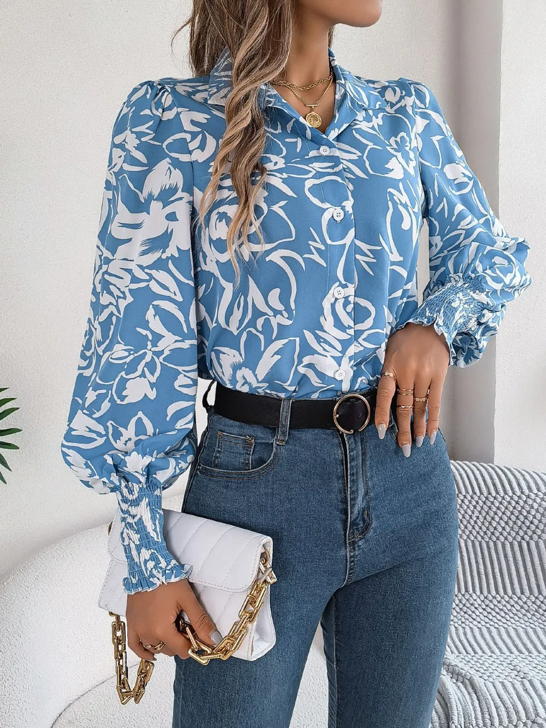 Printed Collared Neck Lantern Sleeve Shirt sold by Charming Charlie product image thumbnail 4