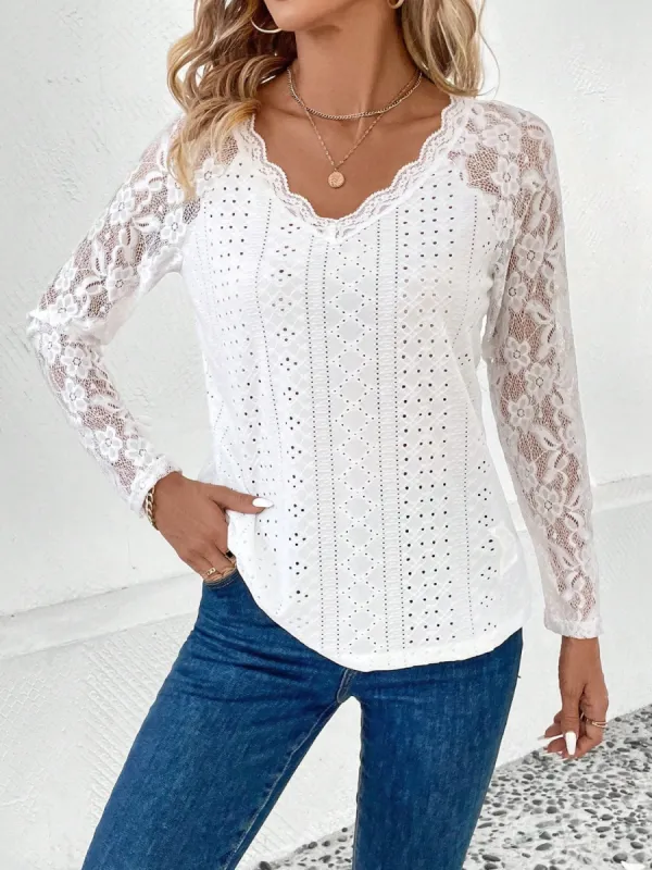 Lace Eyelet V-Neck Long Sleeve Blouse sold by Charming Charlie