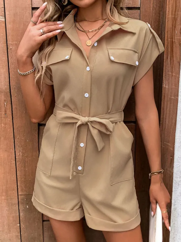 Collared Neck Tie Waist Romper with Pockets sold by Charming Charlie