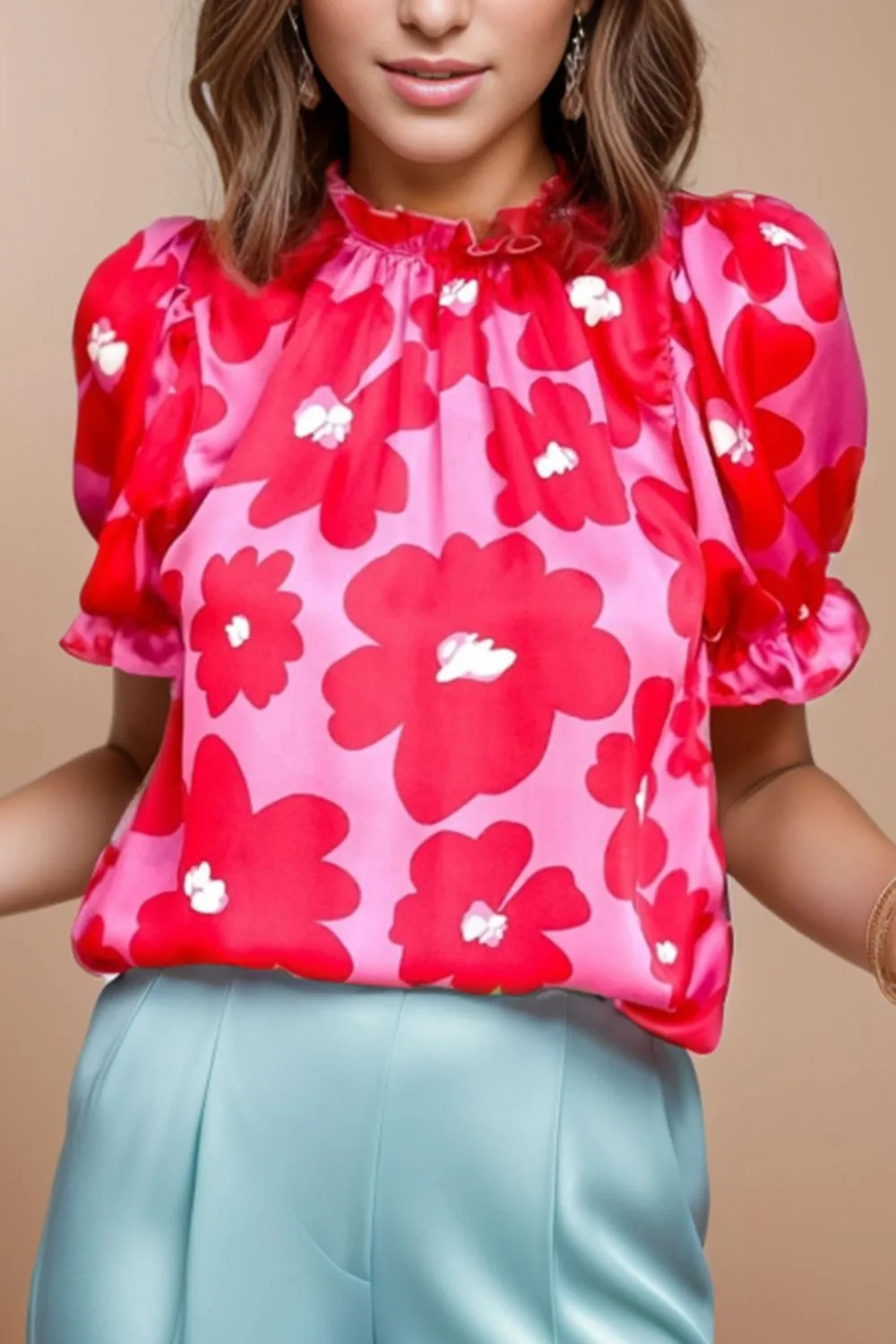 Ruffled Printed Mock Neck Short Sleeve Blouse sold by Charming Charlie product image thumbnail 4