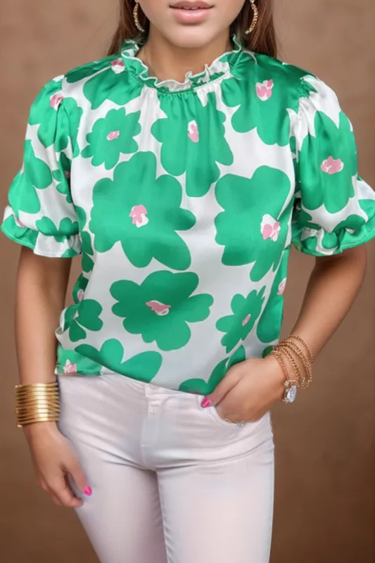 Ruffled Printed Mock Neck Short Sleeve Blouse sold by Charming Charlie