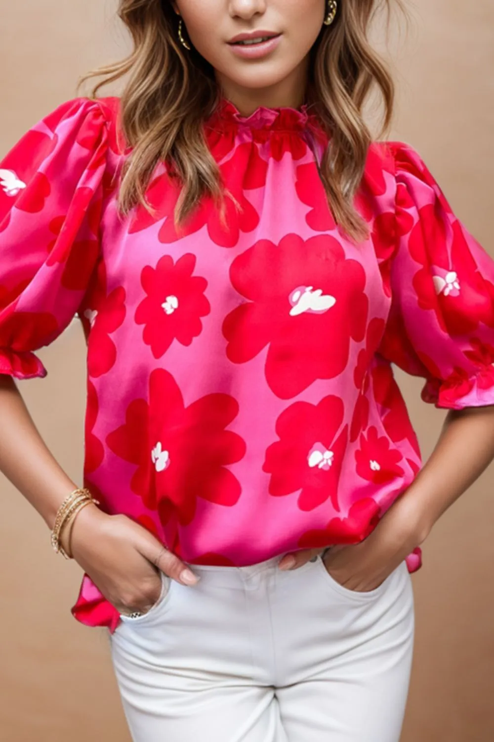 Ruffled Printed Mock Neck Short Sleeve Blouse sold by Charming Charlie product image thumbnail 5