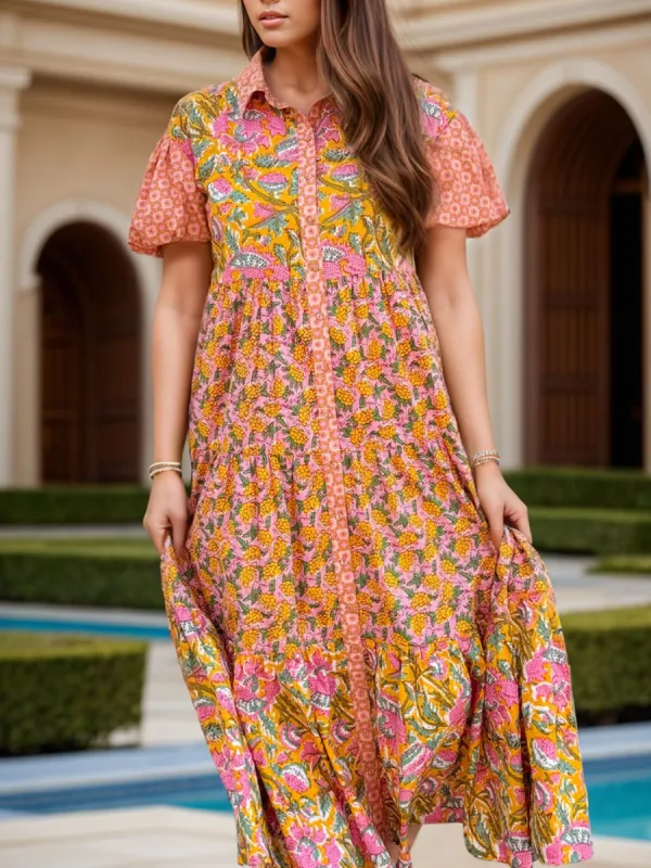 Printed Collared Neck Short Sleeve Midi Dress sold by Charming Charlie