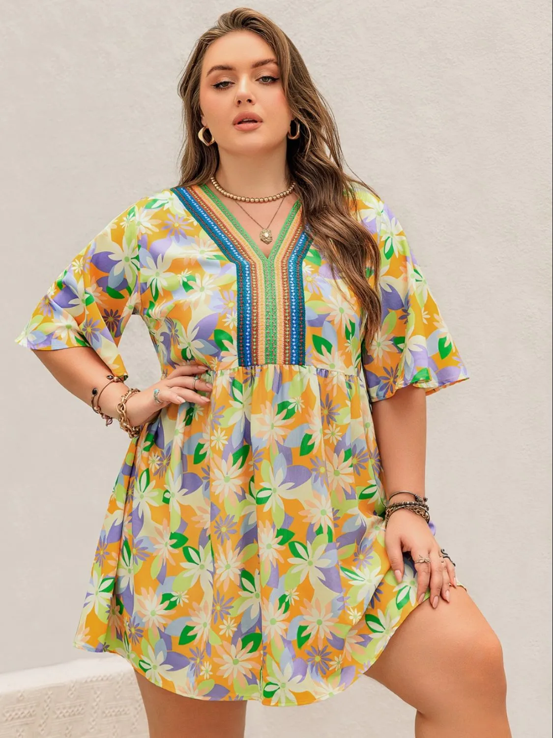 Plus Size Printed V-Neck Half Sleeve Mini Dress sold by Charming Charlie product image thumbnail 3
