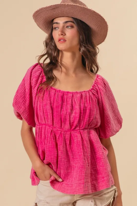 BiBi Pleated Puff Sleeve Washed Blouse sold by Charming Charlie