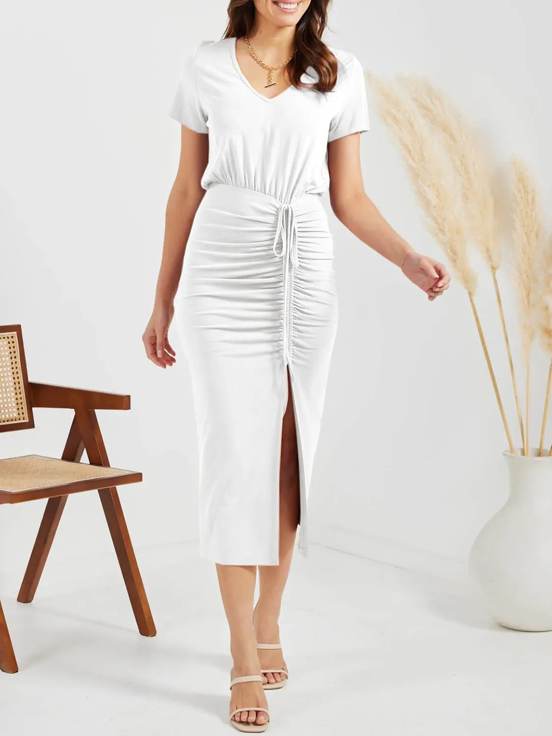 Ruched Slit V-Neck Short Sleeve Dress sold by Charming Charlie product image thumbnail 4