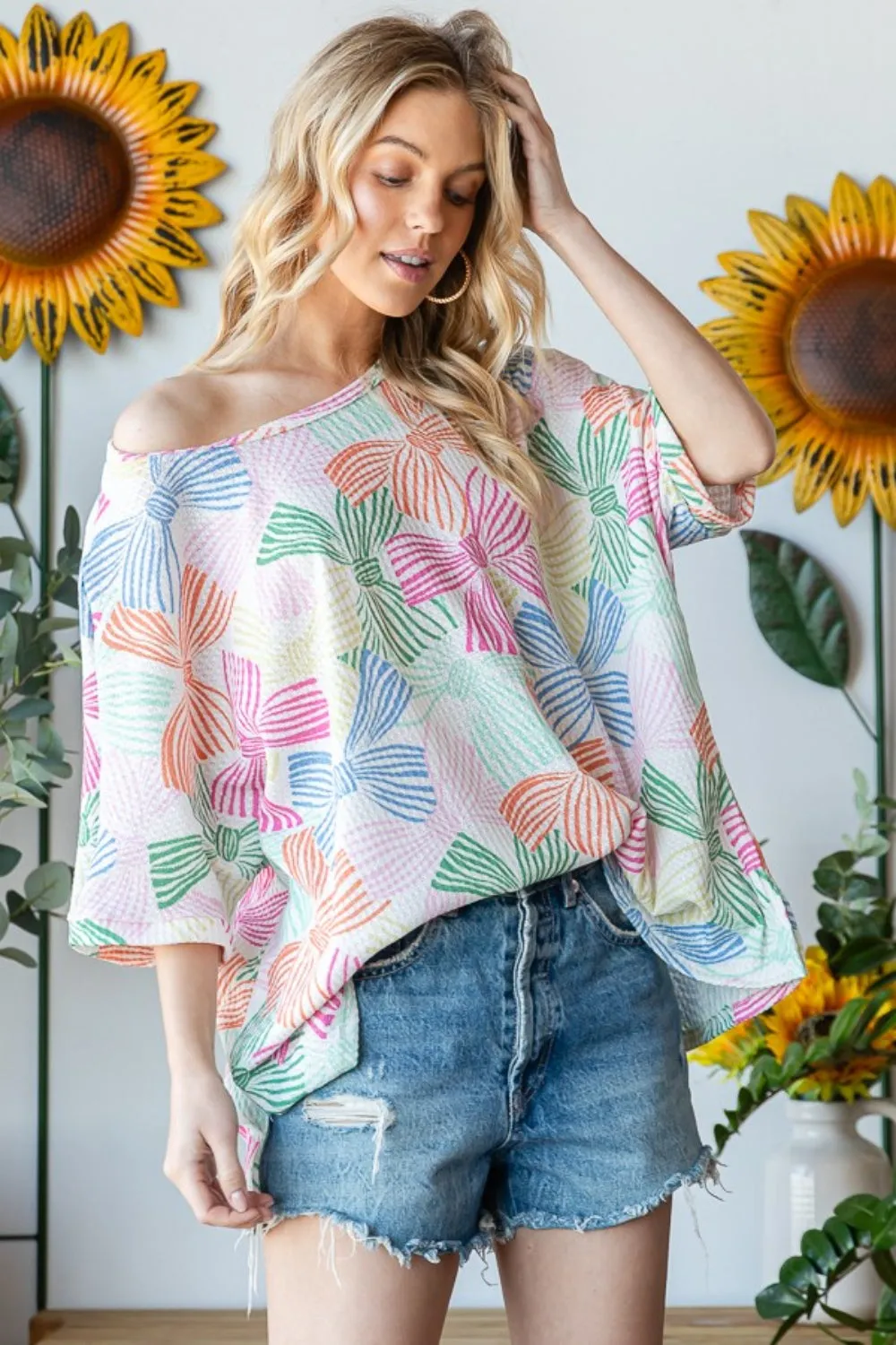 HOPELY Bow Print Oversized Waffle T-Shirt sold by Charming Charlie product image thumbnail 3