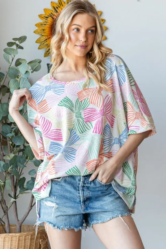 HOPELY Bow Print Oversized Waffle T-Shirt sold by Charming Charlie