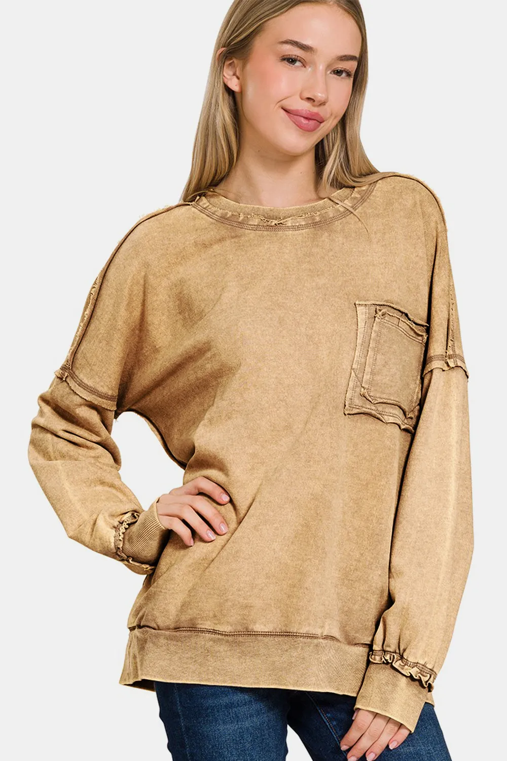 Zenana Exposed Seam Round Neck Dropped Shoulder Sweatshirt sold by Charming Charlie product image thumbnail 3