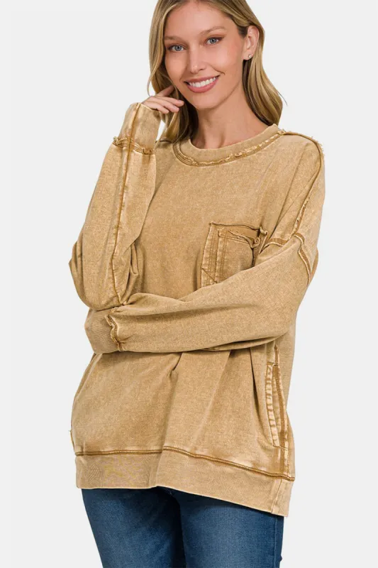 Zenana Exposed Seam Round Neck Dropped Shoulder Sweatshirt sold by Charming Charlie