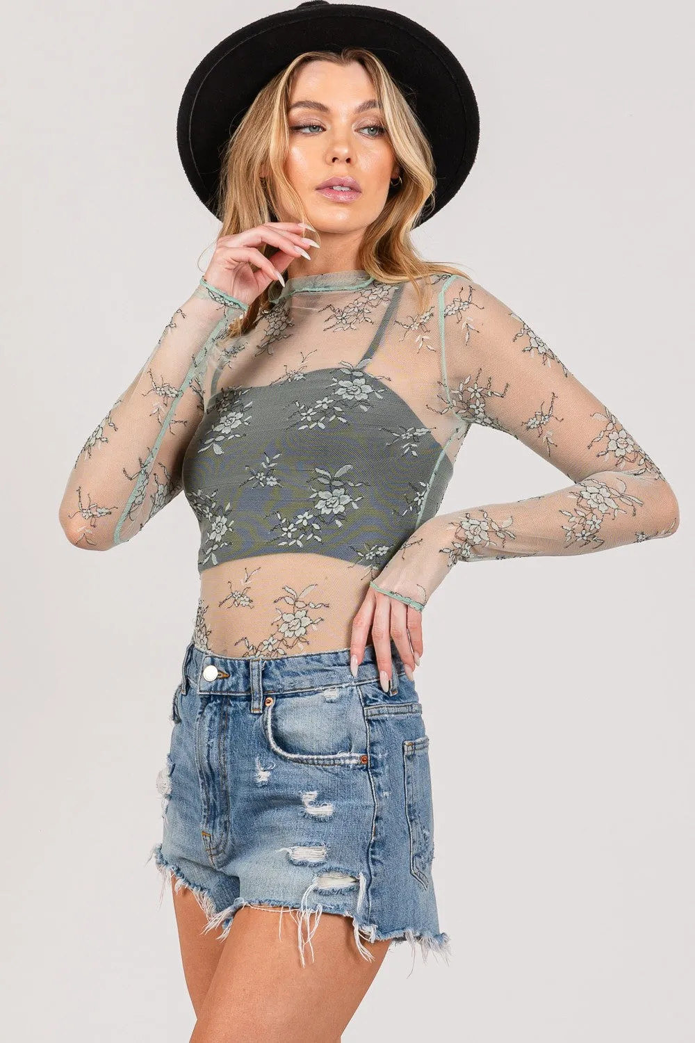 SAGE + FIG Mesh Long Sleeve Sheer Floral Embroidery Top sold by Charming Charlie product image thumbnail 3