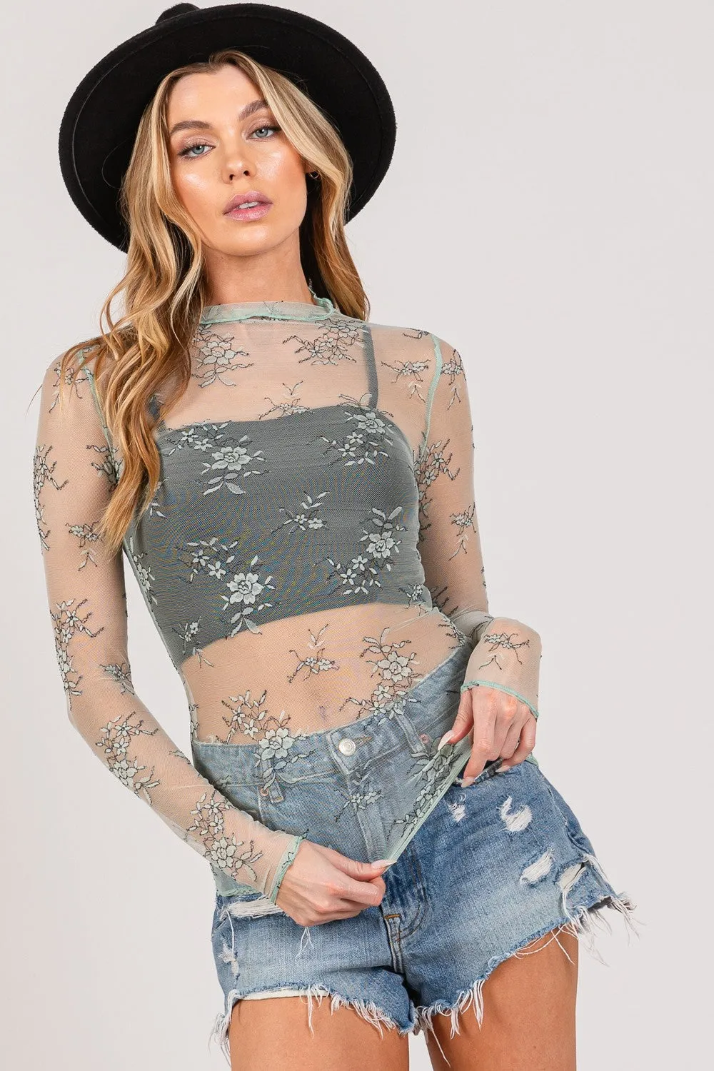 SAGE + FIG Mesh Long Sleeve Sheer Floral Embroidery Top sold by Charming Charlie product image thumbnail 5