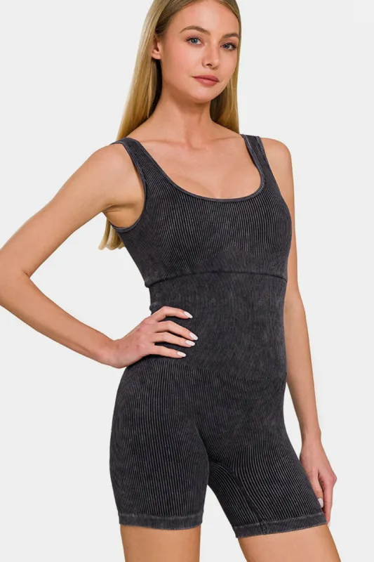 Zenana Washed Ribbed Romper with Pad sold by Charming Charlie