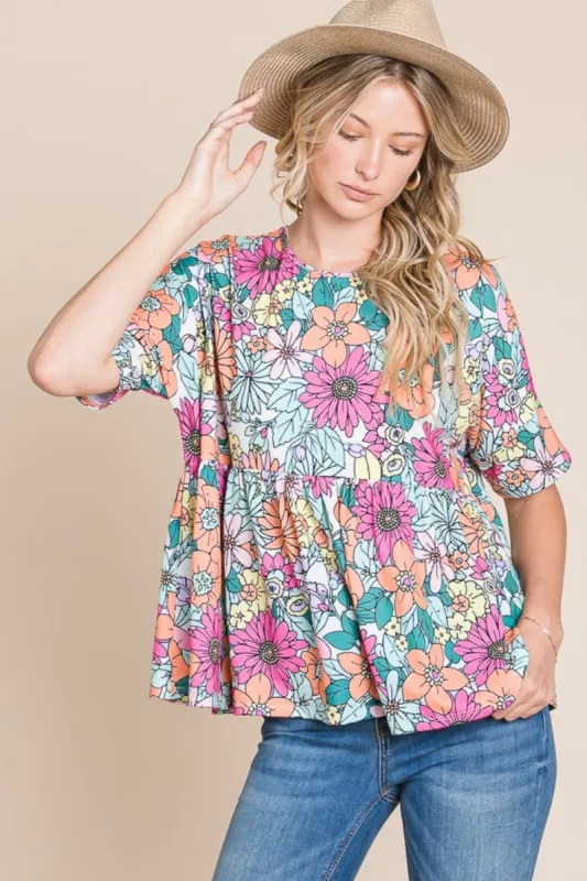 BOMBOM Floral Round Neck Short Sleeve Blouse sold by Charming Charlie