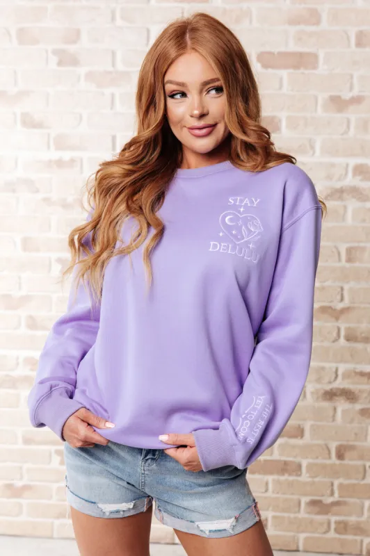 Stay Delulu Scuba Sweatshirt Periwinkle sold by Charming Charlie