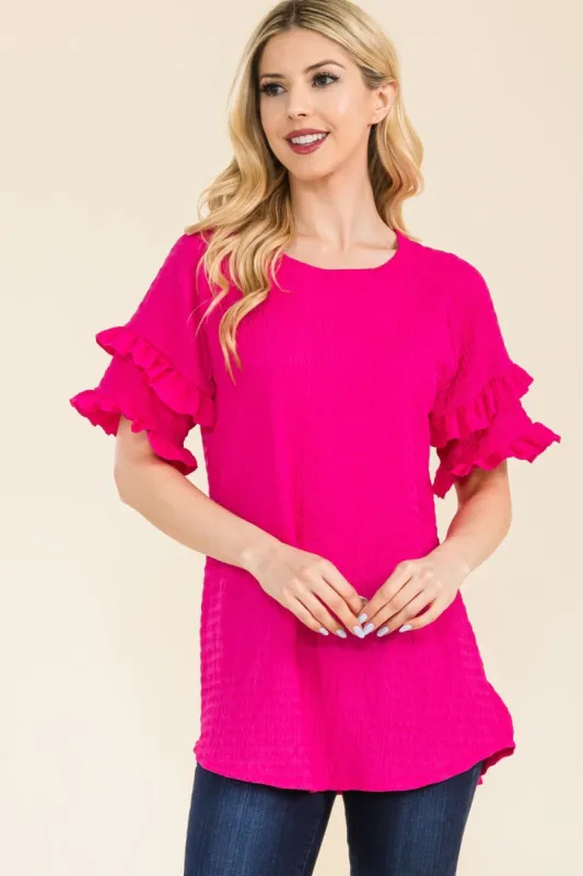 Celeste Full Size Ruffle Short Sleeve Texture Top sold by Charming Charlie