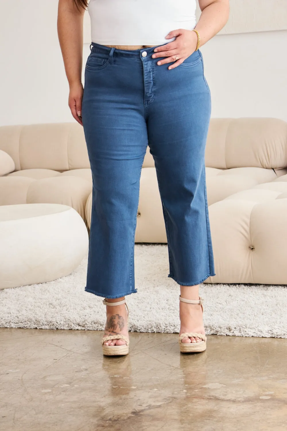 RFM Crop Chloe Full Size Tummy Control High Waist Raw Hem Jeans sold by Charming Charlie product image thumbnail 3