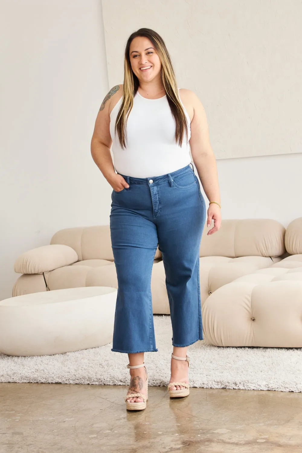 RFM Crop Chloe Full Size Tummy Control High Waist Raw Hem Jeans sold by Charming Charlie