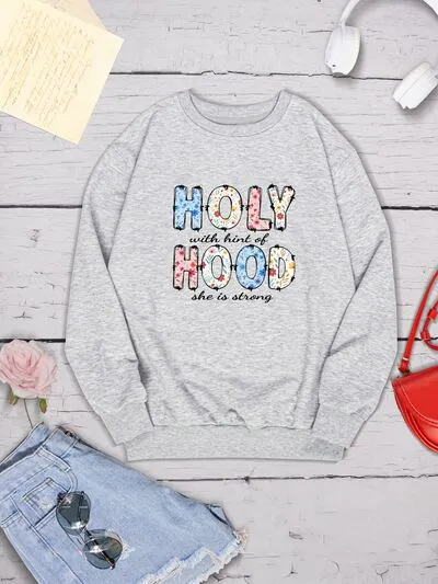 HOLY WITH HINT OF HOOD SHE IS STRONG Round Neck Sweatshirt sold by Charming Charlie product image thumbnail 3