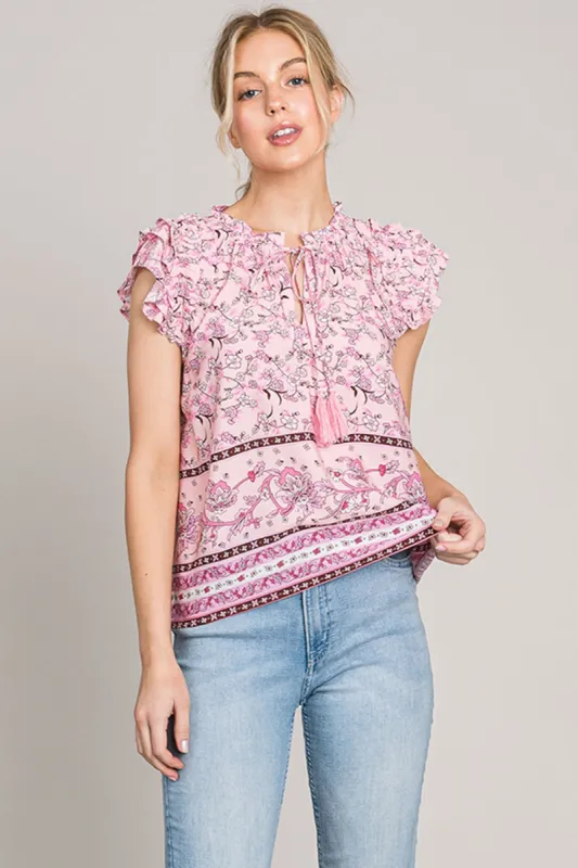 Cotton Bleu by Nu Lab Print Ruffle Sleeve Detail Blouse sold by Charming Charlie
