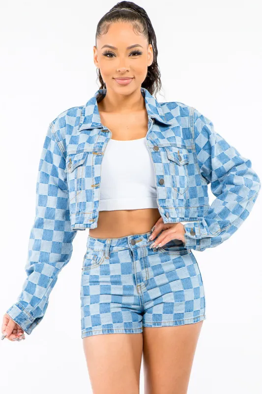 American Bazi Checkered Long Sleeve Cropped Denim Jacket sold by Charming Charlie