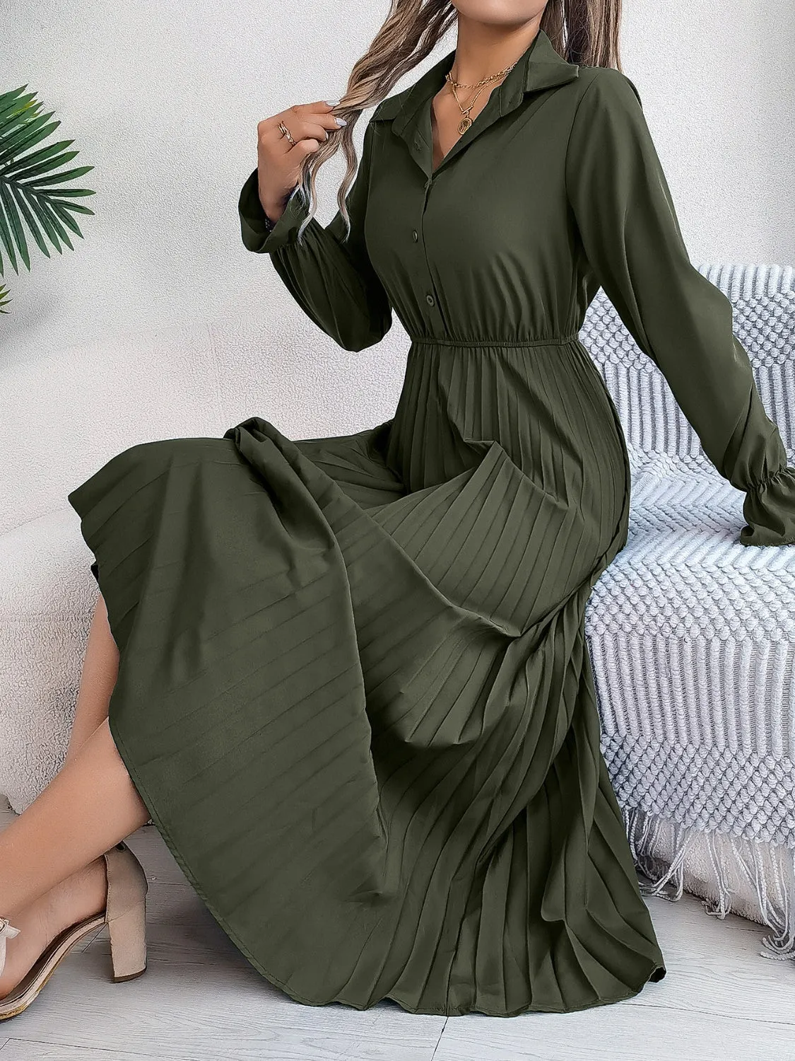 Pleated Half Button Long Sleeve Midi Dress sold by Charming Charlie