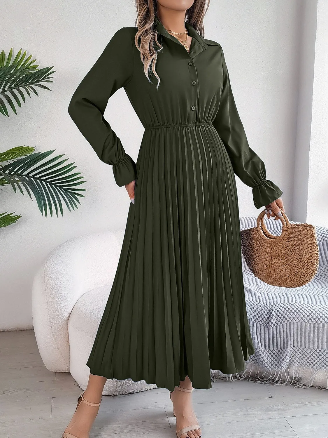 Pleated Half Button Long Sleeve Midi Dress sold by Charming Charlie product image thumbnail 3