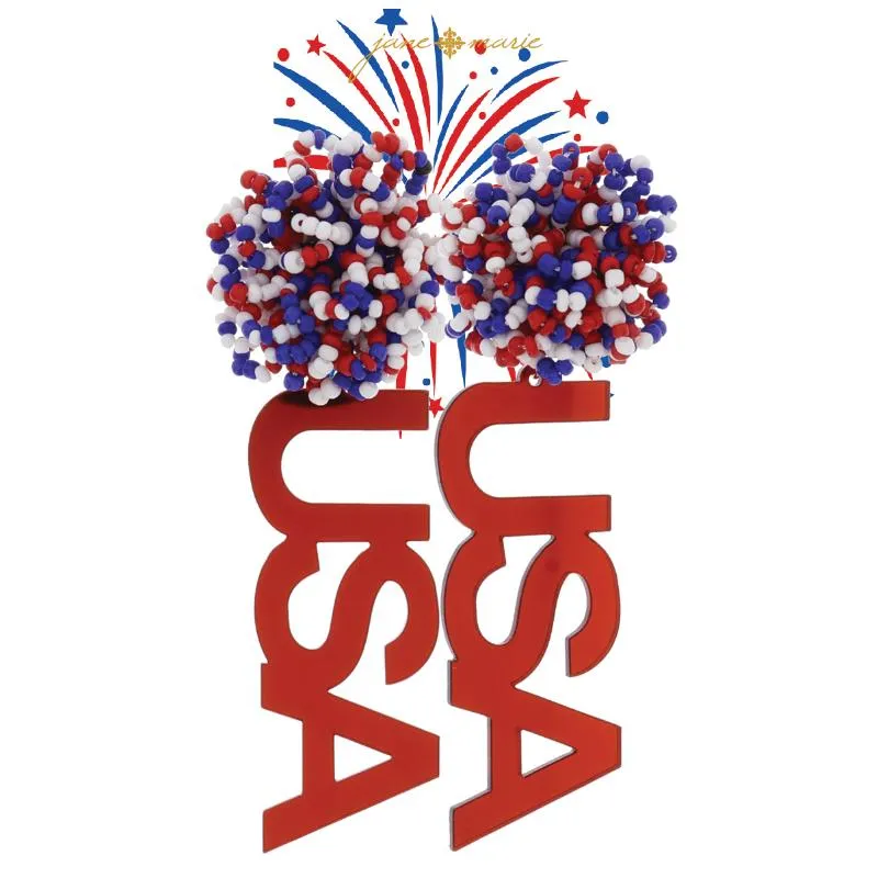 Red, White, Blue Beaded Loop Pom Post and Metallic Red "USA" Acrylic Earrings, 3.75" Top to Bottom sold by Charming Charlie