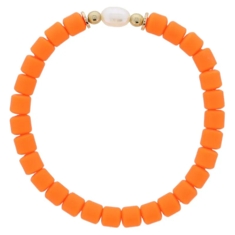 Orange Rubber Cylinder Beaded with Pearl and Gold Bead Accents Bracelet, 7.5" Around sold by Charming Charlie