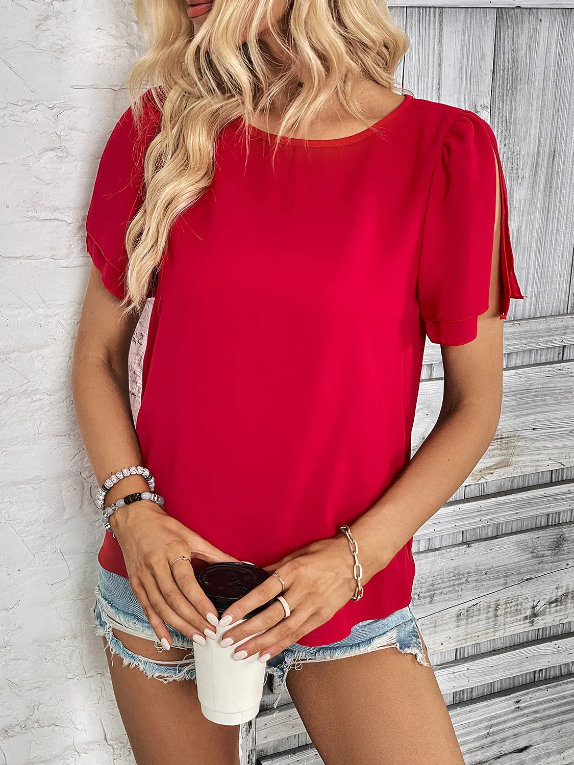 Round Neck Slit Short Sleeve Top sold by Charming Charlie product image thumbnail 4