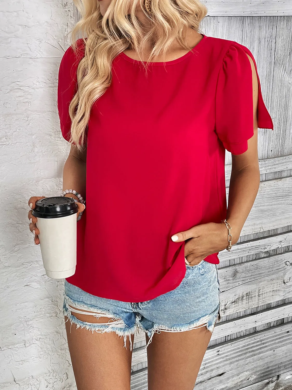 Round Neck Slit Short Sleeve Top sold by Charming Charlie