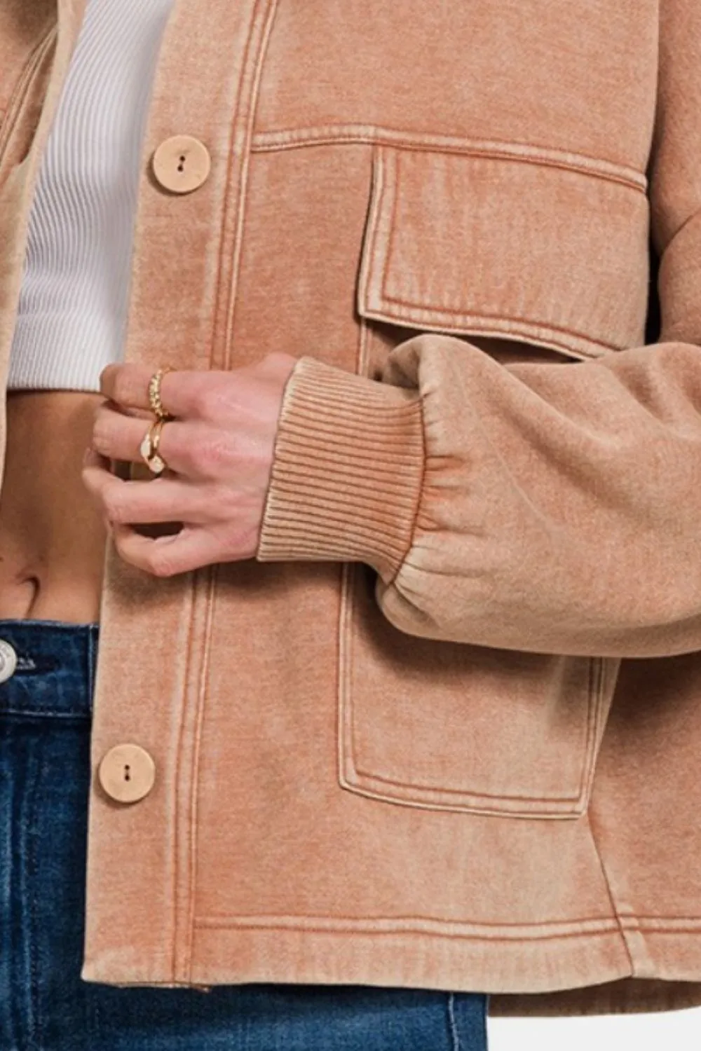 Zenana Wash Fleece Front Pocket Button Up Shacket sold by Charming Charlie product image thumbnail 4