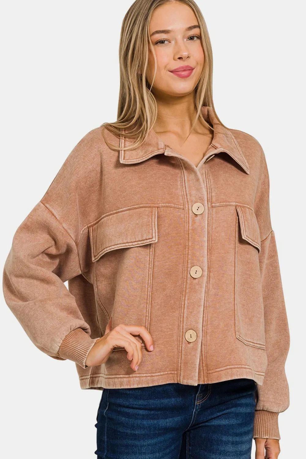 Zenana Wash Fleece Front Pocket Button Up Shacket sold by Charming Charlie product image thumbnail 3