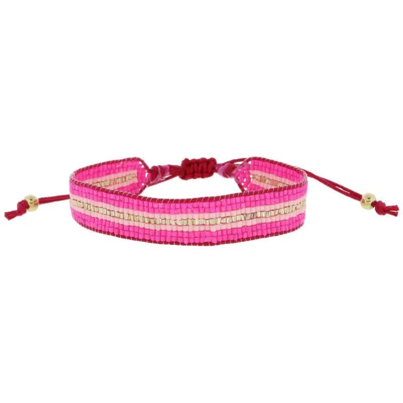 Hot Pink, Light Pink, Gold Stripe Woven Beaded Band Bracelet, .5" Wide sold by Charming Charlie