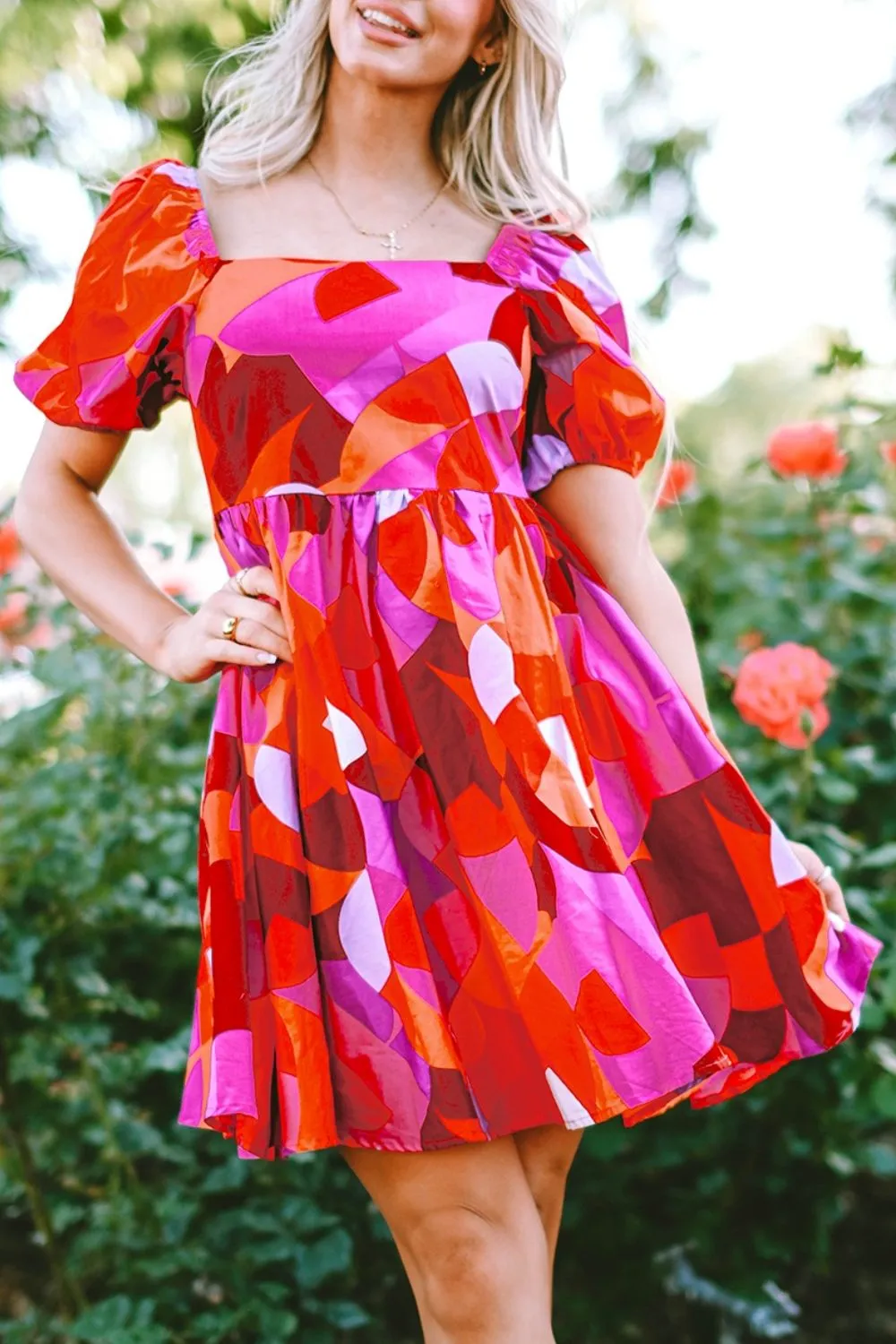Printed Square Neck Puff Sleeve Dress sold by Charming Charlie