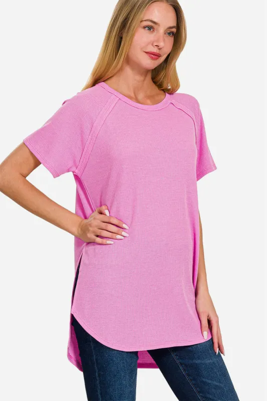 Zenana Slit Round Neck Short Sleeve Waffle Top sold by Charming Charlie