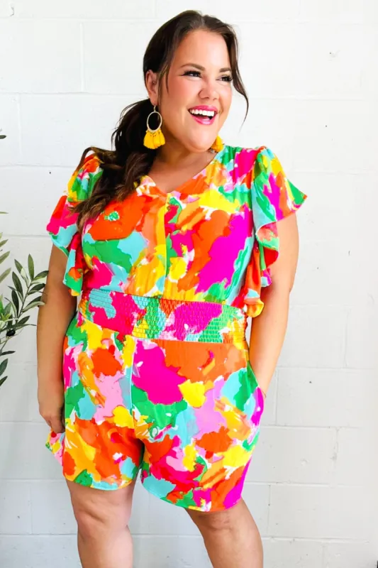 Under The Sun Abstract Floral Smocked Waist V Neck Flutter Sleeve Romper sold by Charming Charlie