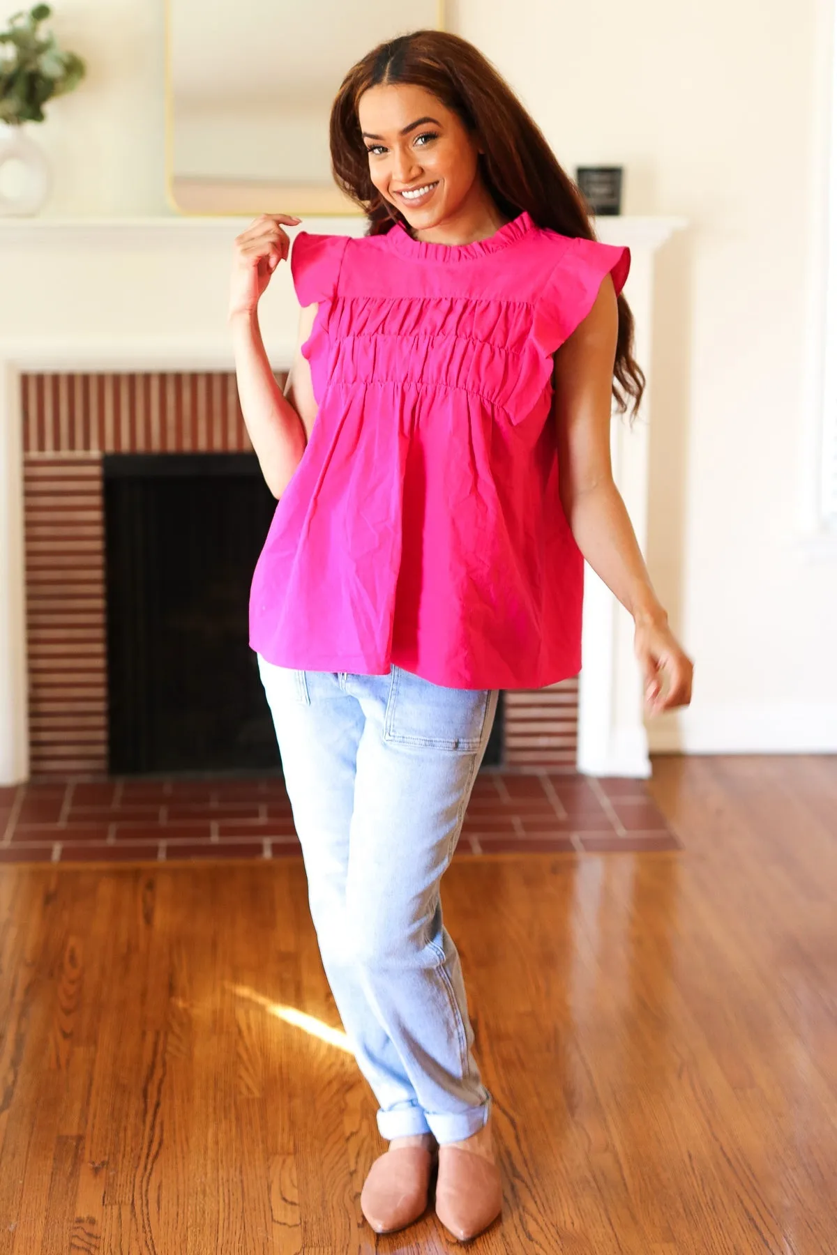Love Life Cotton Fuchsia Frill Mock Neck Flutter Sleeve Top sold by Charming Charlie product image thumbnail 2