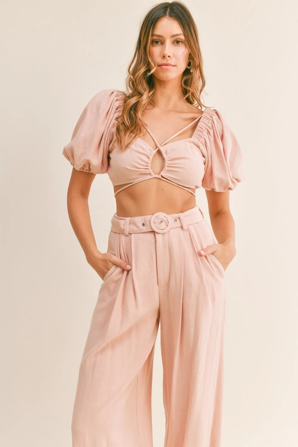 MABLE Cut Out Drawstring Crop Top and Belted Pants Set sold by Charming Charlie product image thumbnail 4