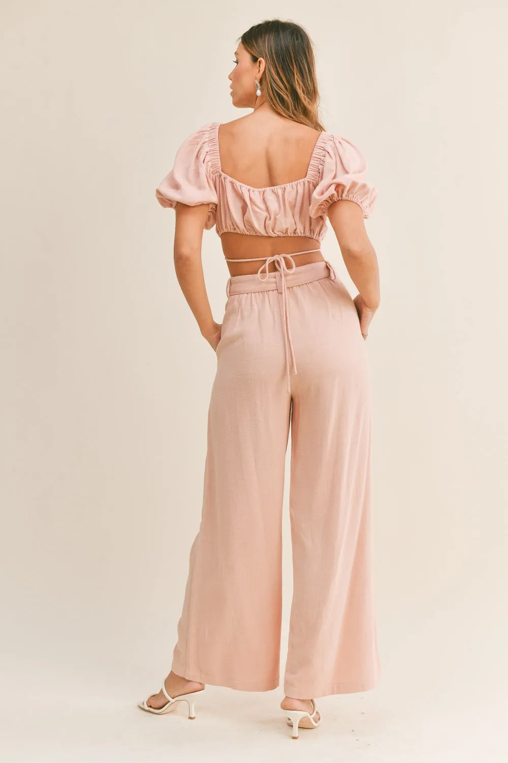 MABLE Cut Out Drawstring Crop Top and Belted Pants Set sold by Charming Charlie product image thumbnail 2