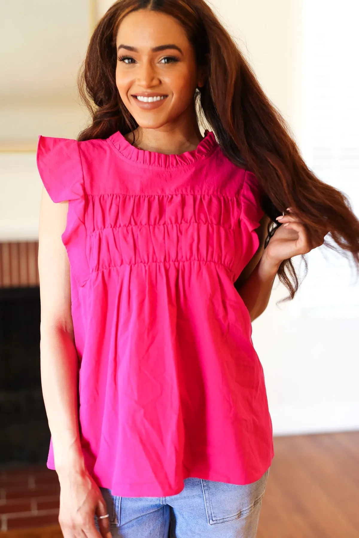 Love Life Cotton Fuchsia Frill Mock Neck Flutter Sleeve Top sold by Charming Charlie